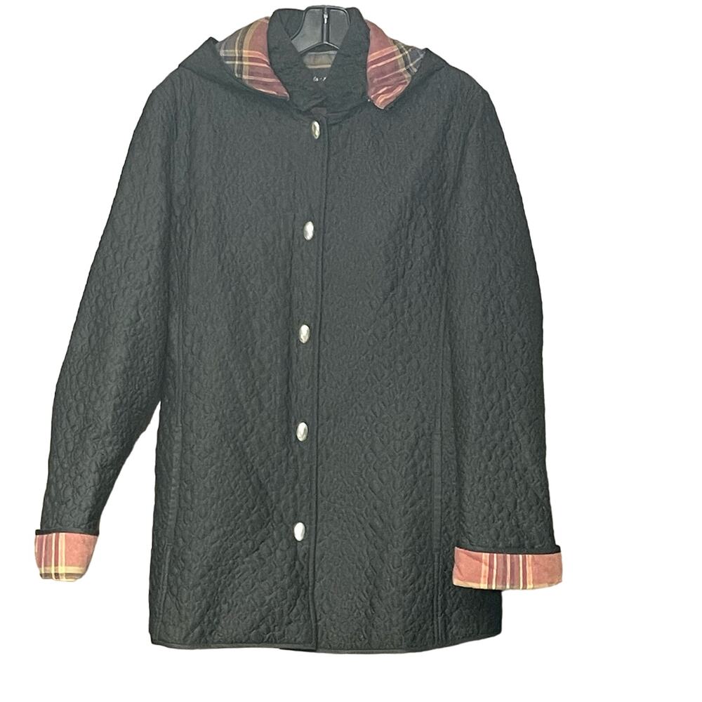 Paola Alessia quilted coat jacket black plaid lining hooded pockets size medium
